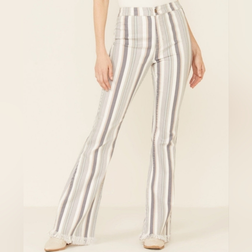 Cello Womens Jeans Sz 5 Striped Denim Raw Hem Flare  Boho Revival